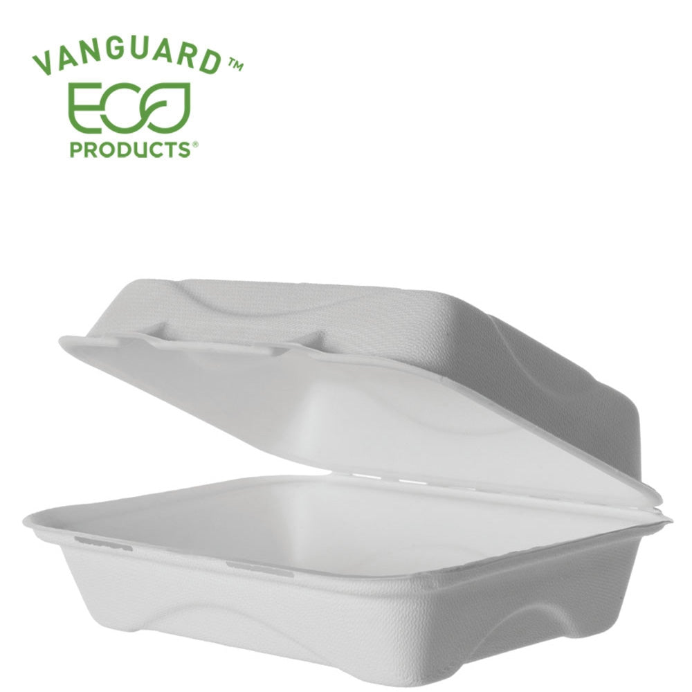 Vanguard Renewable & Compostable Sugarcane Clamshells - 9in x 6in x 3in (qty:250)