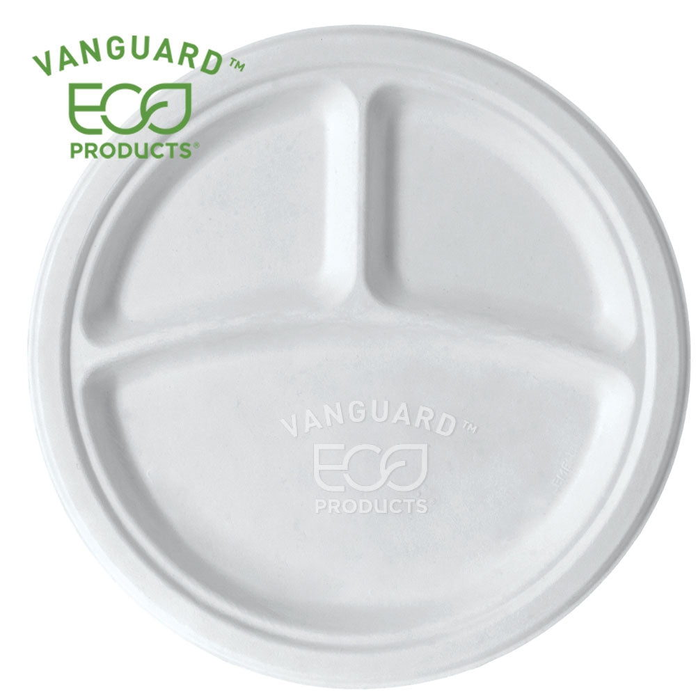 Vanguard Renewable & Compostable Sugarcane Plates - 10in 3-Cmpt (qty:500)